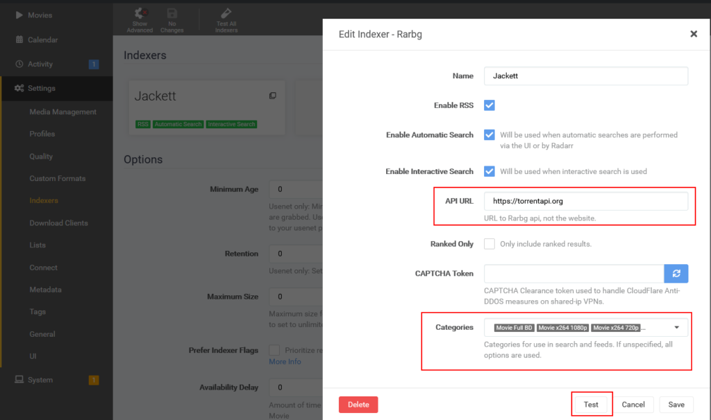 Configured Indexer on Radarr